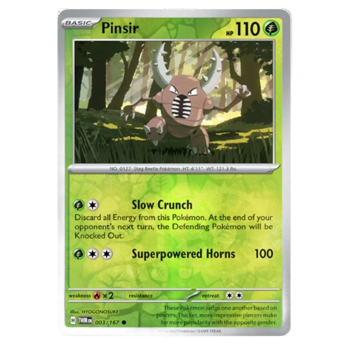 Reverse Holo Pinsir 003/167 Pokémon card from Twilight Masquerade set by KTM Collectibles, featuring Pinsir in vibrant holographic detail.