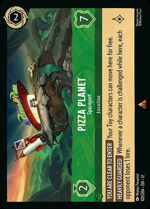 Disney Lorcana Pizza Planet - Spaceport singles card featuring vibrant space-themed artwork and iconic pizza planet imagery.