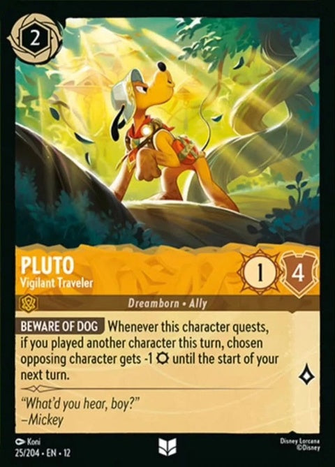Disney Lorcana Pluto Vigilant Traveler 25 singles card featuring Pluto in a vigilant pose with vibrant colors.
