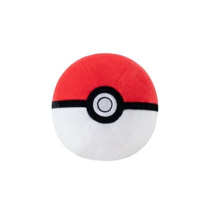 Red and white plush ball with black border on a white background