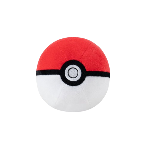 Red and white plush ball with black border on a white background