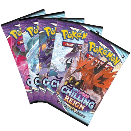 Pokemon Sword & Shield Chilling Reign Booster Pack from KTM Collectibles, featuring colorful packaging with Pokémon artwork.
