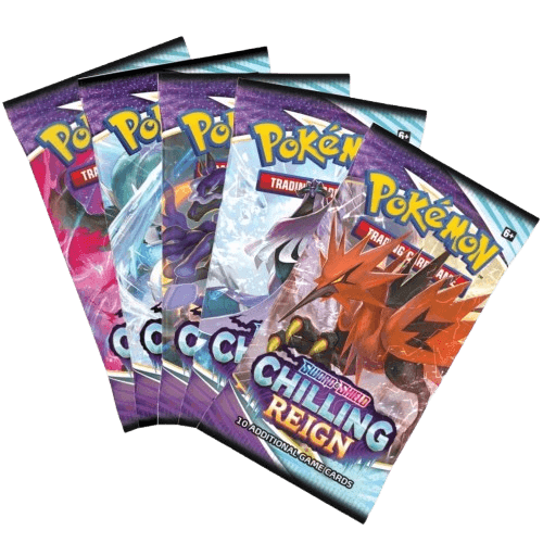 Pokemon Sword & Shield Chilling Reign Booster Pack from KTM Collectibles, featuring colorful packaging with Pokémon artwork.