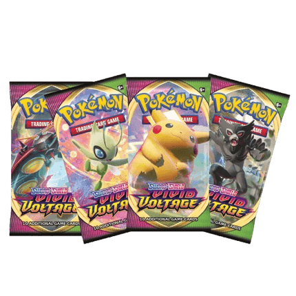 Pokemon Sword & Shield Vivid Voltage Booster Pack by KTM Collectibles, featuring colorful artwork and Pokémon card illustrations.