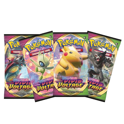 Pokemon Sword & Shield Vivid Voltage Booster Pack by KTM Collectibles, featuring colorful artwork and Pokémon card illustrations.