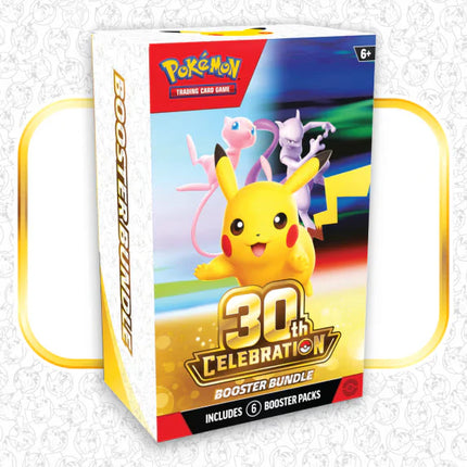 Pokémon TCG Booster Bundle featuring 30th Celebration trading cards from KTM Collectibles, with colorful Pokémon card packs.