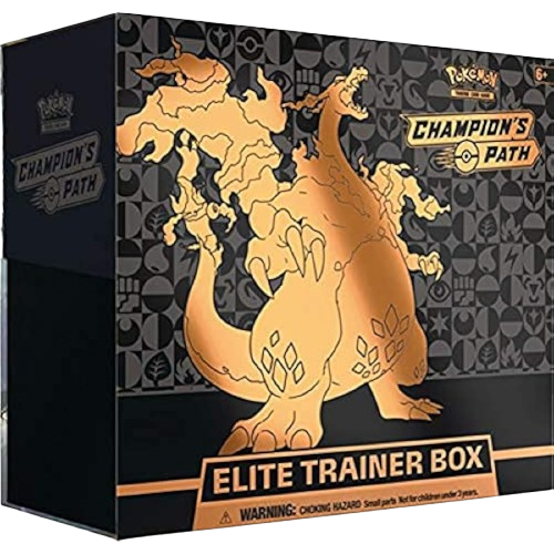 Pokémon TCG Champion's Path Elite Trainer Box from KTM Collectibles, featuring deck accessories and booster packs.