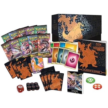 Pokémon TCG Champion's Path Elite Trainer Box featuring Pokémon cards, game accessories, and collectible items for deck building.