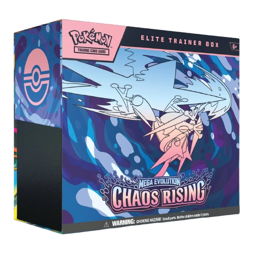 Pokemon TCG Chaos Rising Elite Trainer Box by KTM Collectibles, featuring booster packs, card storage, and accessories for players.