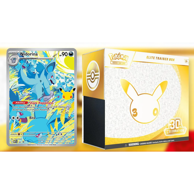 Pokémon TCG Elite Trainer Box 30th Celebration with trading card packs, card sleeves, and accessories from KTM Collectibles.