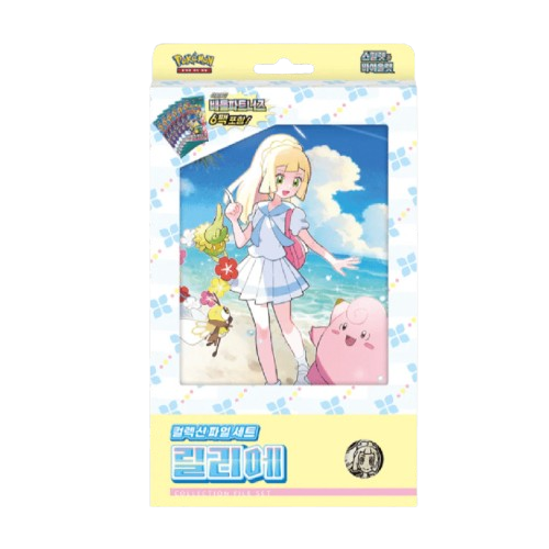 Pokémon trading card game packaging with character and cards on a white background