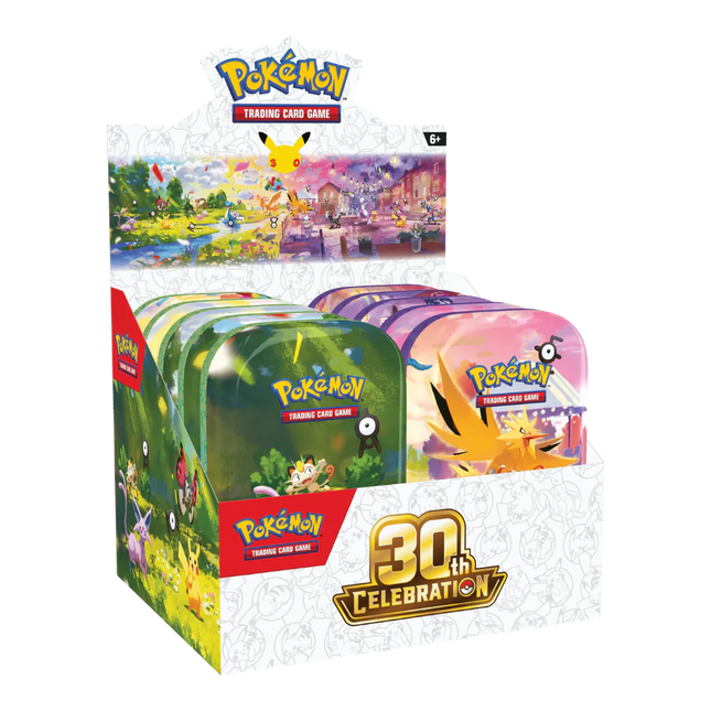 Assorted Pokémon TCG Mini Tin Display featuring 30th Celebration trading cards from KTM Collectibles.