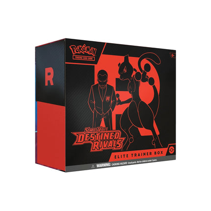 Pokémon TCG Scarlet & Violet 10 Destined Rivals Elite Trainer Box with booster packs, card storage, and collectible accessories.