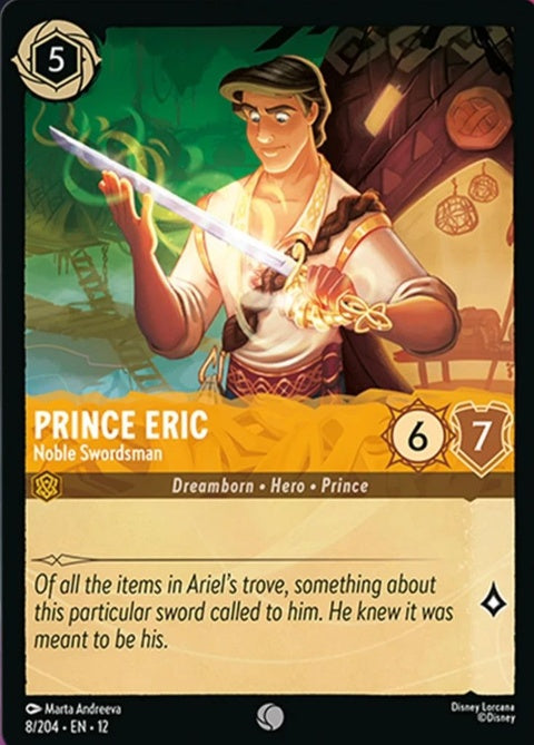 Disney Lorcana Prince Eric Noble Swordsman single card featuring Prince Eric in a regal pose with detailed artwork.