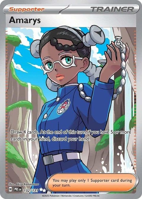 Pokémon Prismatic Evolutions Amarys 132 single card featuring vibrant artwork of the Pokémon in a dynamic pose.