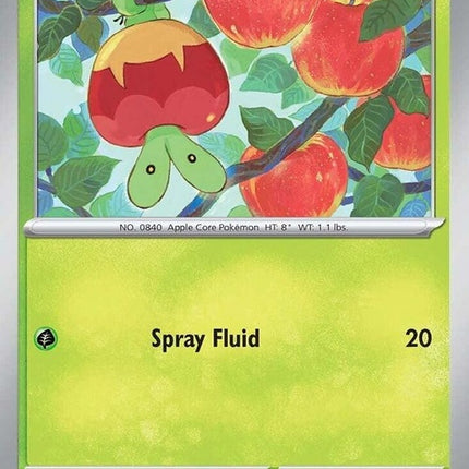 Pokémon Prismatic Evolutions Applin single card showcasing colorful artwork and detailed design.
