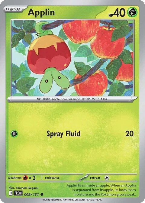 Pokémon Prismatic Evolutions Applin single card showcasing colorful artwork and detailed design.