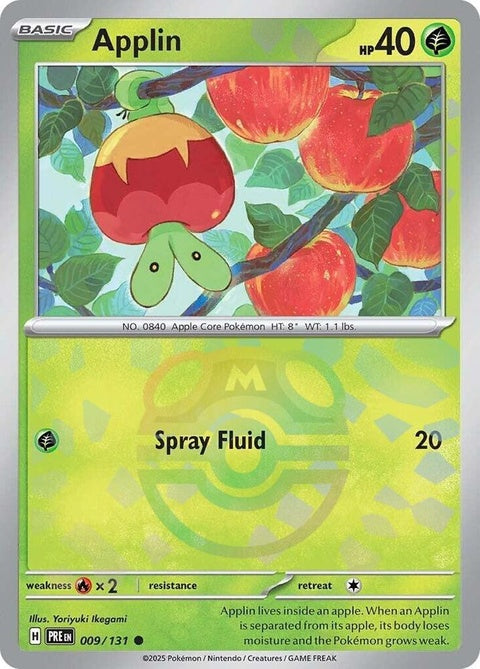 Pokémon Prismatic Evolutions Applin card featuring a Master Ball pattern, with vibrant colors and detailed artwork.