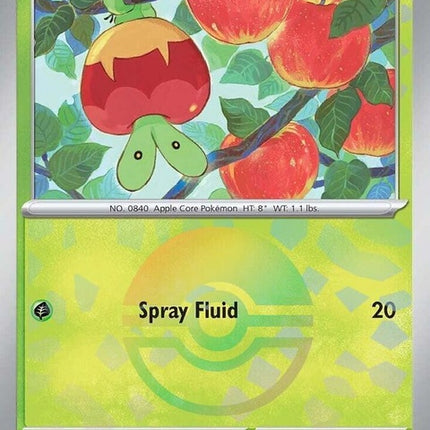 Pokémon Prismatic Evolutions Applin card with Poke Ball pattern, featuring vibrant colors and detailed illustration.