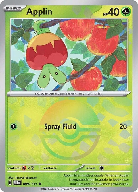 Pokémon Prismatic Evolutions Applin card with Poke Ball pattern, featuring vibrant colors and detailed illustration.