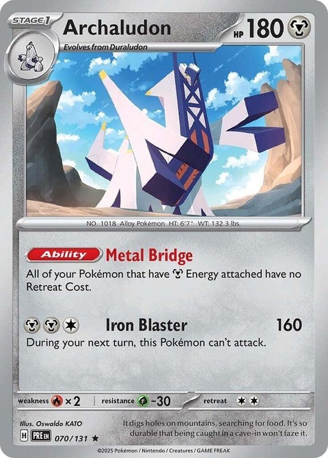 Pokémon Prismatic Evolutions Archaludon 70 card from singles collection, featuring vibrant artwork and detailed Pokémon design.