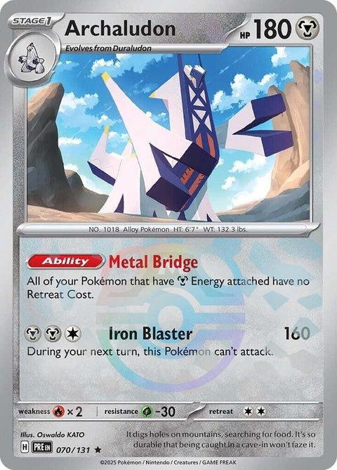 Pokémon Prismatic Evolutions Archaludon 70 card with Master Ball pattern, featuring vibrant artwork and detailed design.