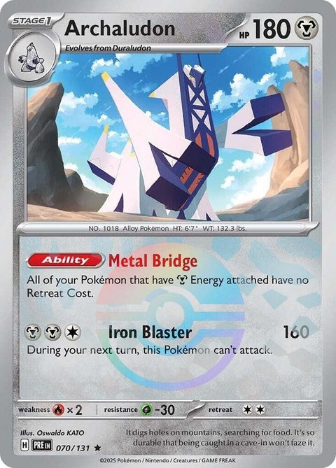 Pokémon Prismatic Evolutions Archaludon trading card with Poke Ball pattern, featuring vibrant artwork and detailed design.