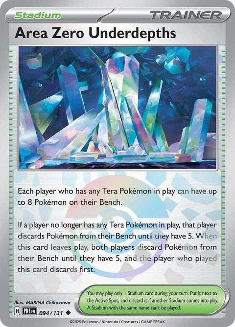 Pokémon Prismatic Evolutions Area Zero Underdepths card featuring a Poke Ball pattern, designed for singles play.