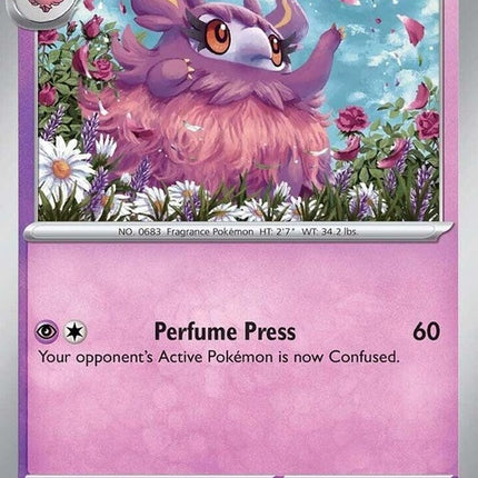 Pokémon Prismatic Evolutions Aromatisse single card featuring colorful artwork and detailed illustration.
