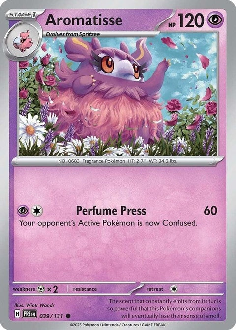 Pokémon Prismatic Evolutions Aromatisse single card featuring colorful artwork and detailed illustration.