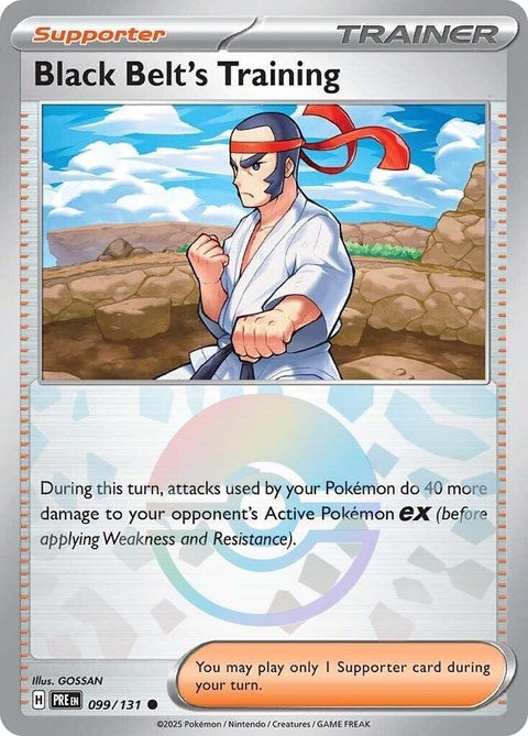 Pokémon Prismatic Evolutions Black Belt's Training 99 Poke Ball Pattern singles card with vibrant design and detailed artwork.