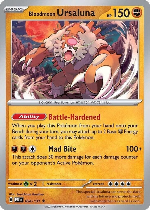Pokémon Prismatic Evolutions Bloodmoon Ursaluna card, single trading card featuring a detailed image of Ursaluna in a Bloodmoon design.