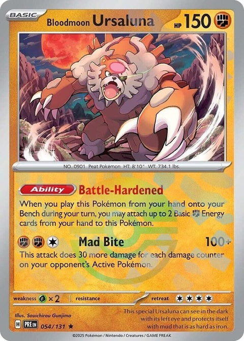 Pokémon Prismatic Evolutions Bloodmoon Ursaluna card with Poke Ball pattern, featuring detailed artwork and vibrant colors.
