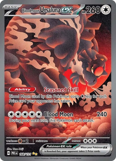 Pokémon Prismatic Evolutions Bloodmoon Ursaluna EX single card showing artwork and card details.