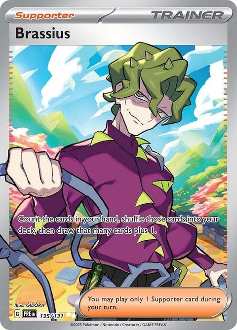 Pokémon Prismatic Evolutions Brassius 135 single card featuring colorful artwork of the Grass-type Pokémon.