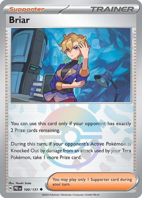 Pokémon Prismatic Evolutions Briar single card with Poke Ball pattern, featuring vibrant artwork and branding.