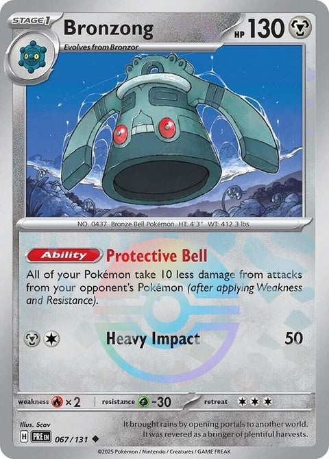 Prismatic Evolutions Bronzong Pokémon card with Poke Ball pattern, showcasing metallic design and game details.