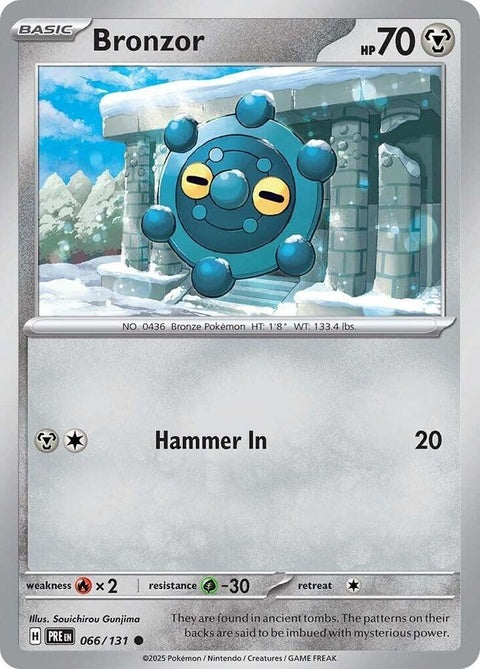 Pokémon Prismatic Evolutions Bronzor card, featuring a metallic gray Pokémon with intricate designs on a colorful background.