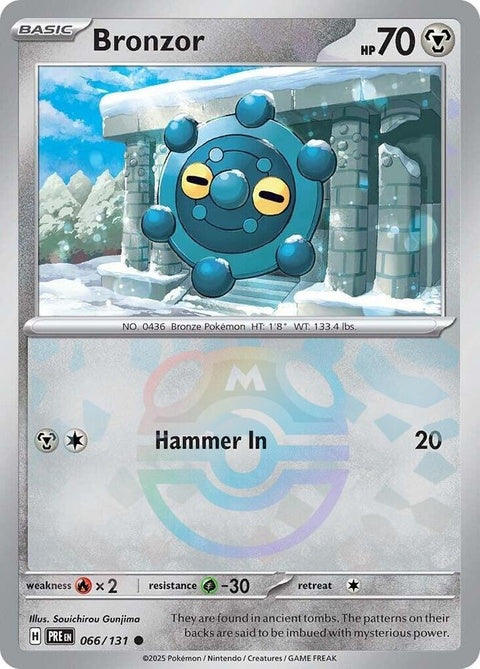 Prismatic Evolutions Bronzor Pokémon card with Master Ball pattern, showcasing a single-bronzor illustration on a colorful background.