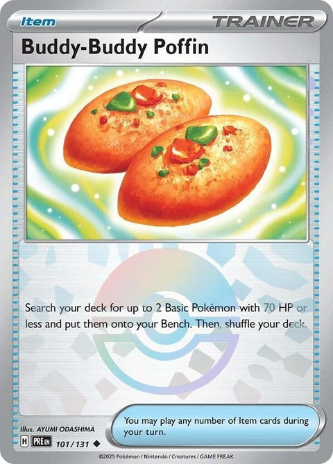 Pokémon Prismatic Evolutions Buddy-Buddy Poffin with Poke Ball pattern, single-serving snack in bright packaging.