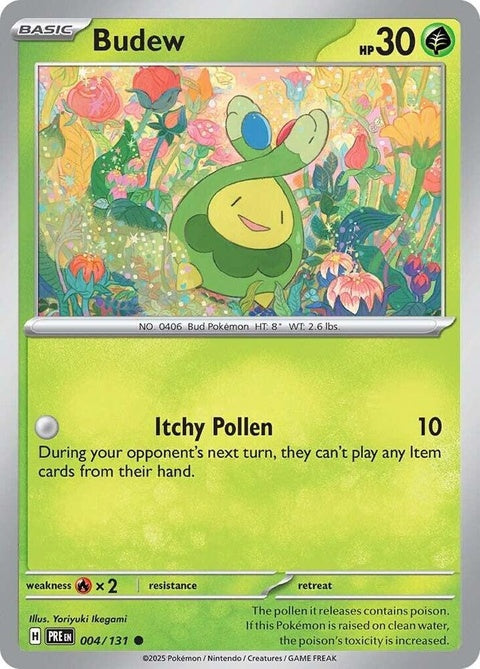 Pokémon Prismatic Evolutions single card featuring Budew with colorful prismatic background and detailed artwork.