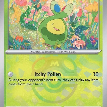 Pokémon Prismatic Evolutions Budew card featuring a Master Ball pattern, showcasing vibrant colors and detailed artwork.