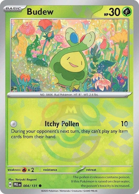 Pokémon Prismatic Evolutions Budew card featuring a Master Ball pattern, showcasing vibrant colors and detailed artwork.