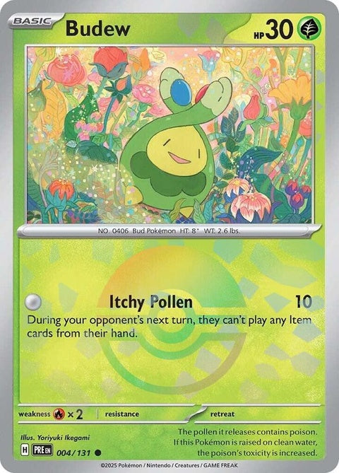 Prismatic Evolutions Budew Pokémon card with Poke Ball pattern, featuring vibrant colors and detailed artwork.