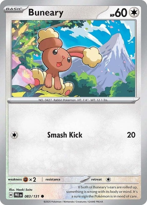 Pokémon Prismatic Evolutions Buneary card, featuring vibrant artwork and detailed design, from the Pokémon trading card series.