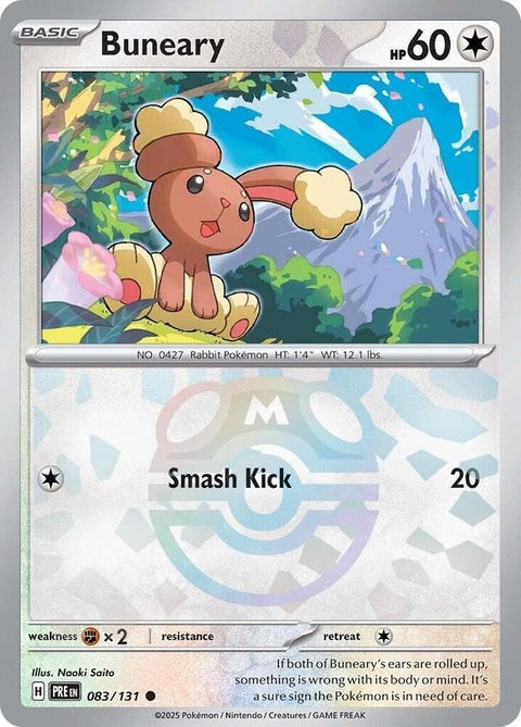 Prismatic Evolutions Buneary Pokémon card with Master Ball pattern, featuring vibrant holographic artwork and detailed design.