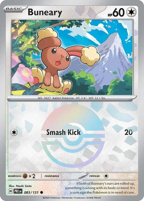 Prismatic Evolutions Buneary Pokémon card with Poke Ball pattern, featuring vibrant artwork and collectible design.