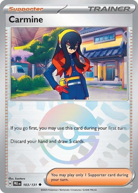 Pokémon Prismatic Evolutions Carmine 103 card with Poke Ball pattern, featuring vibrant red and white design and Pokémon branding.