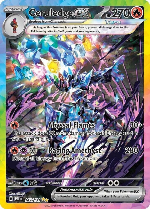 Pokémon Prismatic Evolutions Ceruledge EX card, showcasing colorful artwork and details from the singles trading card game.