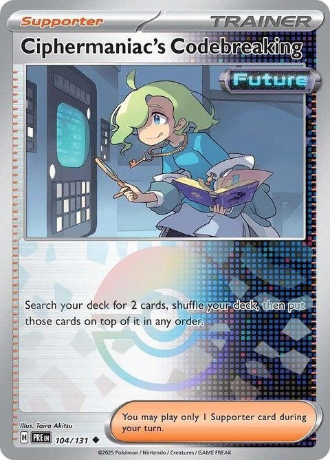 Pokémon Prismatic Evolutions Ciphermaniac's Codebreaking card with Poke Ball pattern, featuring vibrant, colorful design and detailed artwork.